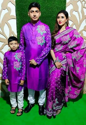 Picture of Family Set Block Print Dhupian Silk Exclusive Couple Dress Purple Color Saree and Panjabi for Men women and Son - Purple