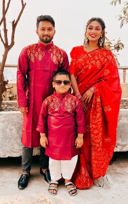Picture of Family Set Block Print Dhupian Silk Exclusive Couple Dress Maroon Color Saree and Panjabi for Men women and Son - Maroon