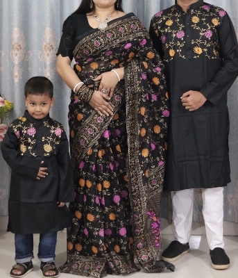 Picture of Family Set Block Print Dhupian Silk Exclusive Couple Dress Black Color Saree and Panjabi for Men women and Son - Black