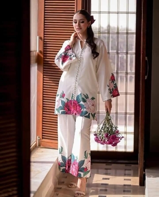 Picture of Pakistan designed Co-ords Stitched 2pices collection Fabric: synthetic (cotton and silk) cotton for women's and girls - White