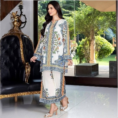 Picture of Pakistan designed Co-ords Stitched 2pices collection Fabric: synthetic (cotton and silk) cotton for women's and girls - White