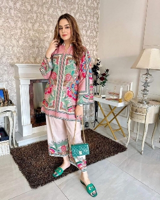 Picture of Pakistan designed Co-ords Stitched 2pices collection Fabric: synthetic (cotton and silk) cotton for women's and girls - White