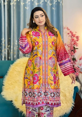 Picture of Pakistan designed Co-ords Stitched 2pices collection Fabric: synthetic (cotton and silk) cotton for women's and girls - Yellow