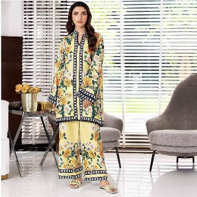 Picture of Pakistan designed Co-ords Stitched 2pices collection Fabric: synthetic (cotton and silk) cotton for women's and girls - Yellow