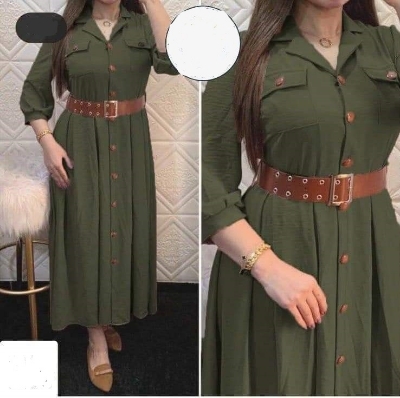 Picture of Western Fashion Ladis Poket gown Long Shirt Alex Georgette  style Kurti  dress for women - Olive