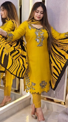 Picture of Cotton Sequence work 𝟑𝐩𝐢𝐜𝐞𝐬pure soft cotton with sequence work and cutwork for women's and girls - Yellow