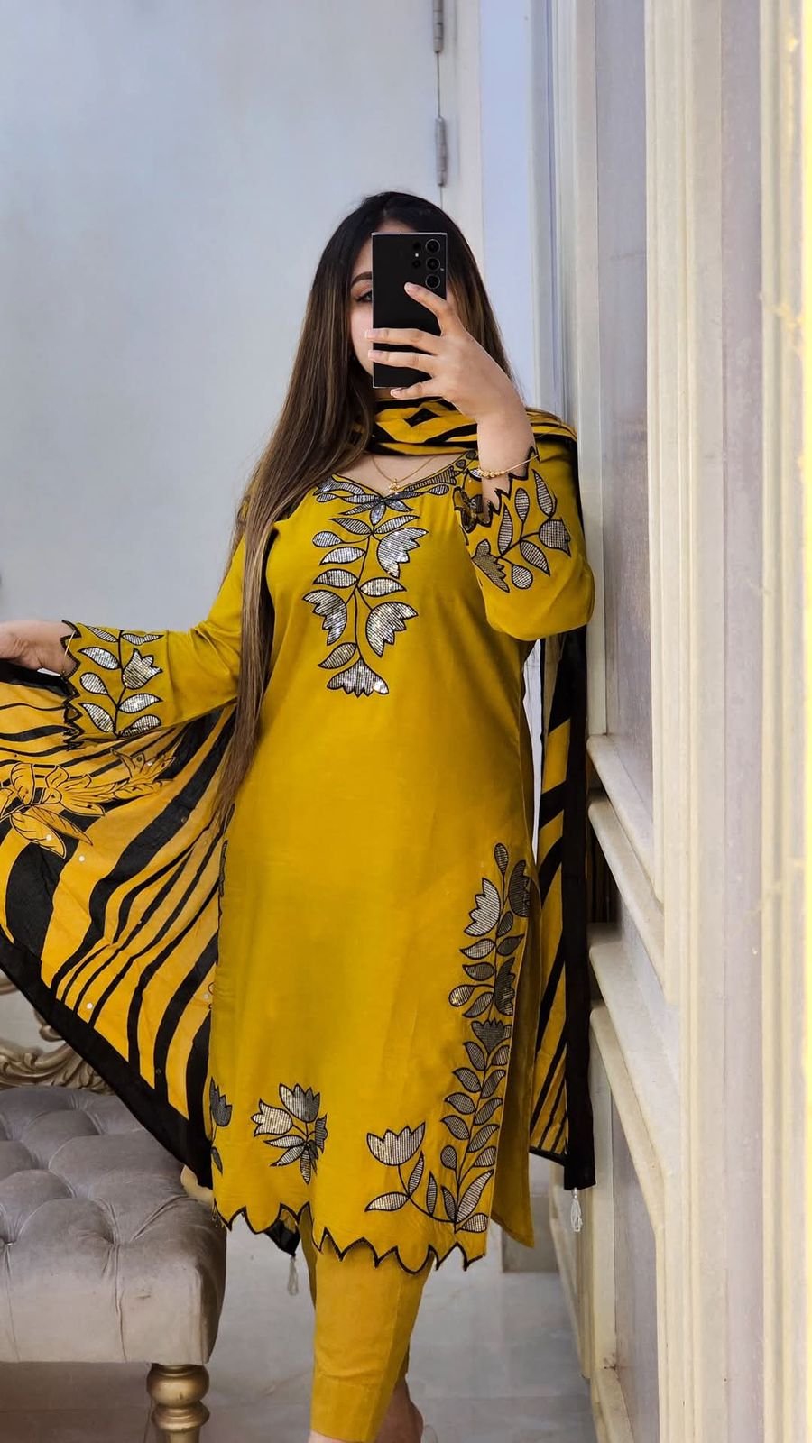 Picture of Cotton Sequence work 𝟑𝐩𝐢𝐜𝐞𝐬pure soft cotton with sequence work and cutwork for women's and girls - Yellow