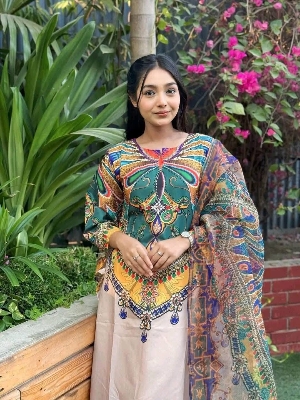 Picture of 𝐃𝐢𝐠𝐢𝐭𝐚𝐥 𝐩𝐫𝐢𝐧𝐭 𝟑𝐩𝐢𝐜𝐞𝐬 original dubai silk with full les work for women's and girls - digital pinrt