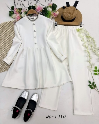 Picture of Western Fashion Ladis Stitched Purple color Co-ord set Tops and Pant Vangchur Fabric dress for women - White