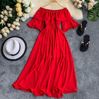 Picture of Readymade Unique  Western Fashion Ladis Gown Cherry Georgette style dress for women - Red