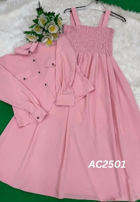 Picture of Readymade Unique  Western Fashion Ladis smoky shirt Gown garments Georgette style dress for women - Pink