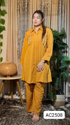 Picture of Western Fashion Ladis Stitched Fancy 2piece collection set Tops and Pant Fabric Garments Georgette  dress for women - Yellow