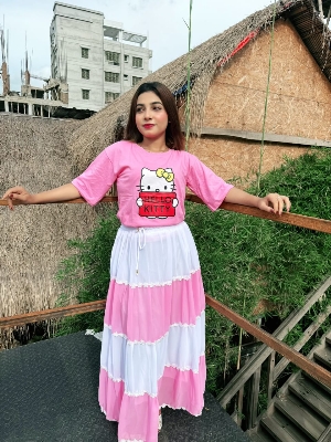 Picture of Western Fashion Ladis Stitched Fancy collection Multicolor Tops and Skart Set Fabric Chinigura Georgette for women - Pink