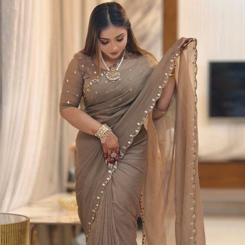 Picture of Exclusive Design Soft Semi Moslin Saree With Matching Blouse pis Embroidery and dollor work for women - Brown