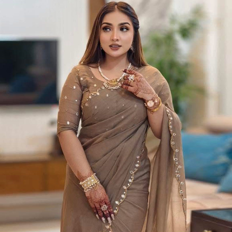Picture of Exclusive Design Soft Semi Moslin Saree With Matching Blouse pis Embroidery and dollor work for women - Brown