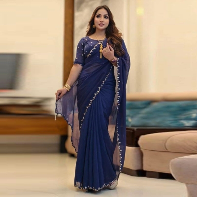 Picture of Exclusive Design Soft Semi Moslin Saree With Matching Blouse pis Embroidery and dollor work for women - Blue
