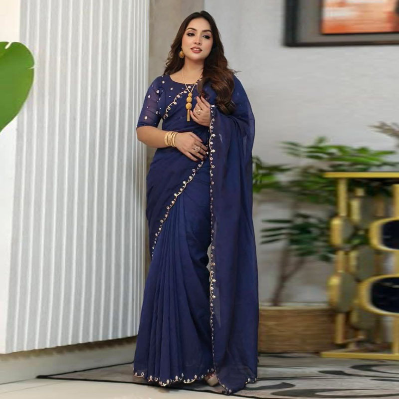 Picture of Exclusive Design Soft Semi Moslin Saree With Matching Blouse pis Embroidery and dollor work for women - Blue