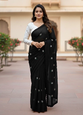 Picture of Exclusive Design Soft Georgette Saree With Matching Blouse pis Embroidery work for women - Black