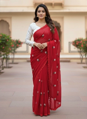 Picture of Exclusive Design Soft Georgette Saree With Matching Blouse pis Embroidery work for women - Red