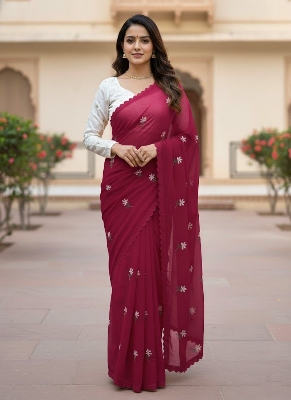 Picture of Exclusive Design Soft Georgette Saree With Matching Blouse pis Embroidery work for women - Maroon