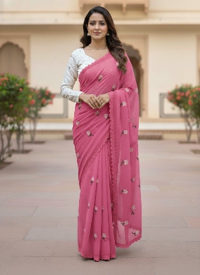 Picture of Exclusive Design Soft Georgette Saree With Matching Blouse pis Embroidery work for women - Pink