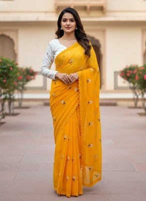 Picture of Exclusive Design Soft Georgette Saree With Matching Blouse pis Embroidery work for women - Yellow