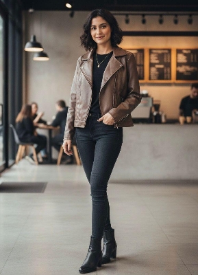 Picture of Women Fashionable Brand new winter Biker jacket Material-china imported soft artificial leather for women - Brown