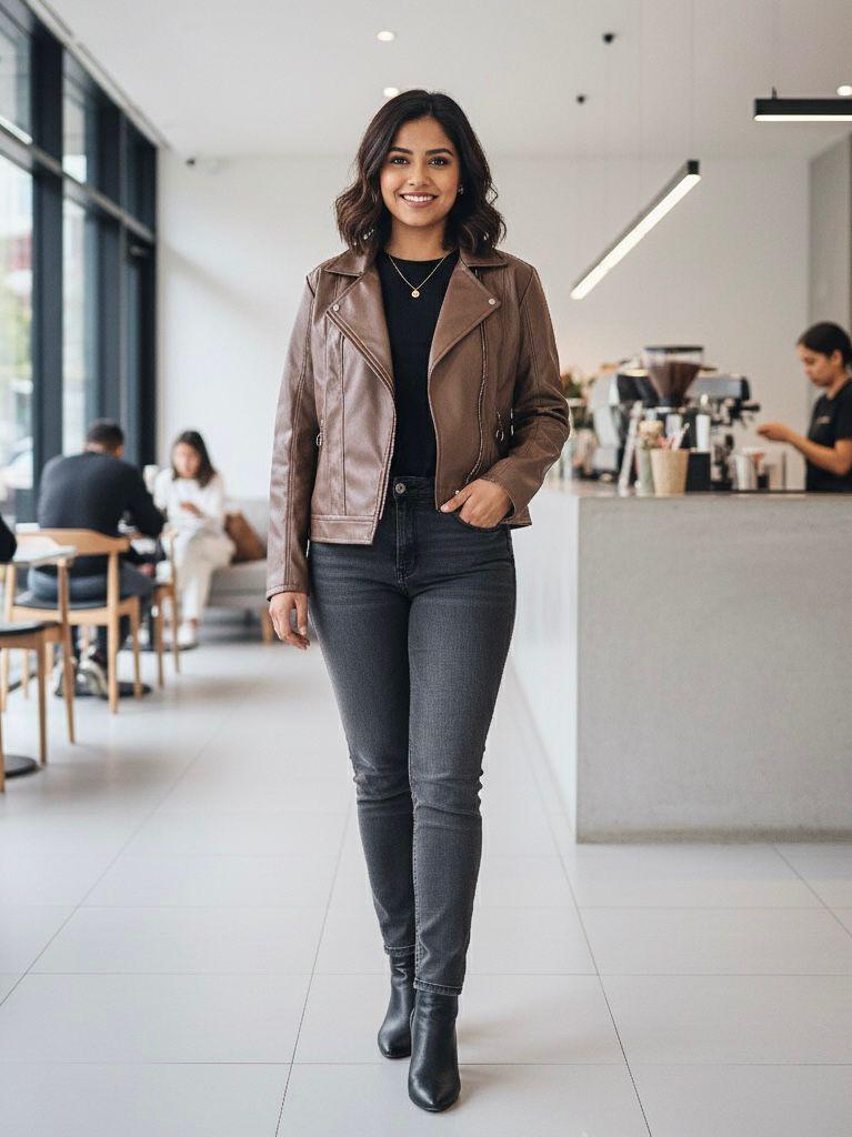 Picture of Women Fashionable Brand new winter Biker jacket Material-china imported soft artificial leather for women - Brown