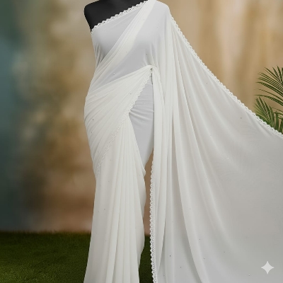 Picture of Exclusive Design Georgette Ston Work Boder Lace Saree With Matching Blouse pis for women - White