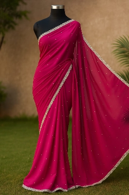 Picture of Exclusive Design Georgette Ston Work Boder Lace Saree With Matching Blouse pis for women - Red