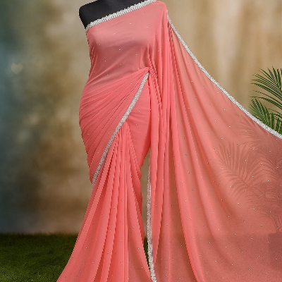 Picture of Exclusive Design Georgette Ston Work Boder Lace Saree With Matching Blouse pis for women - Pink
