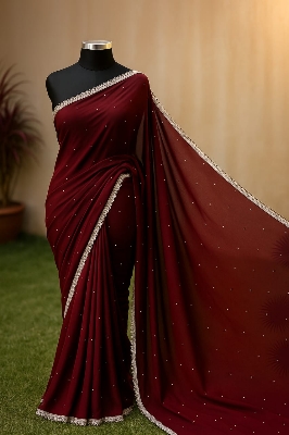 Picture of Exclusive Design Georgette Ston Work Boder Lace Saree With Matching Blouse pis for women - Maroon