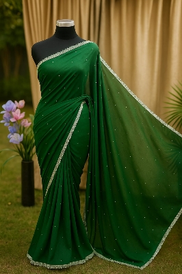 Picture of Exclusive Design Georgette Ston Work Boder Lace Saree With Matching Blouse pis for women - Green