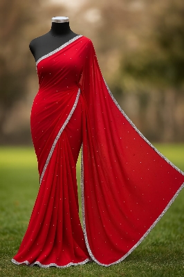 Picture of Exclusive Design Georgette Ston Work Boder Lace Saree With Matching Blouse pis for women - Red