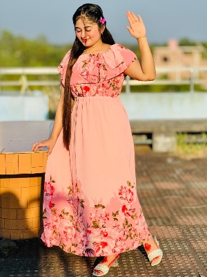 Picture of Readymade Unique  Western Fashion Ladis Long Marmaid gown Fabric Missouri Georgette style dress for women - Pink