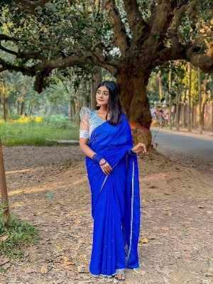 Picture of Exclusive Design Georgette Ston Work Boder Lace Saree With Matching Blouse pis for women - Blue