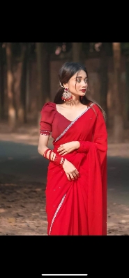 Picture of Exclusive Design Georgette Ston Work Boder Lace Saree With Matching Blouse pis for women - Red