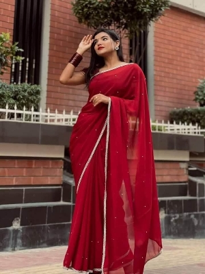 Picture of Exclusive Design Georgette Ston Work Boder Lace Saree With Matching Blouse pis for women - Maroon