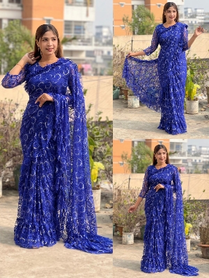 Picture of Exclusive Design Clasic রেডিমেড শাড়ি কালেকশন Net frbric Saree for women - Blue