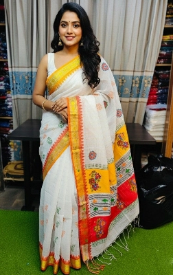 Picture of Exclusive Design প্রিমিয়াম মাহিশা শাড়ী Embroidery and dollor work Half silk Saree for women - White