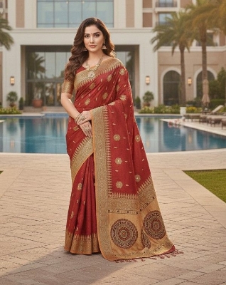 Picture of Exclusive Design প্রিমিয়াম মাহিশা শাড়ী Embroidery and dollor work Half silk Saree for women - Maroon