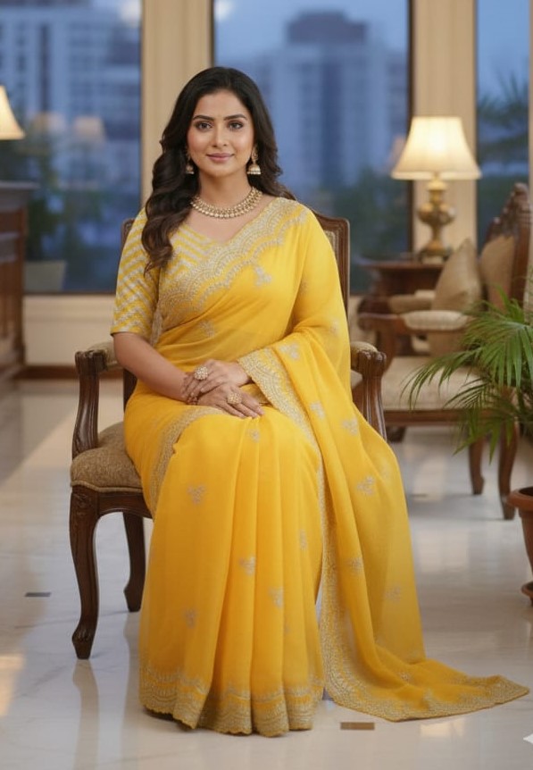 Picture of Exclusive Design উন্নত মানের সেমি মসলিন শাড়ি সাথে  আলাদা ব্লাউস পিস আছে Embroidery work Saree for women - Yellow