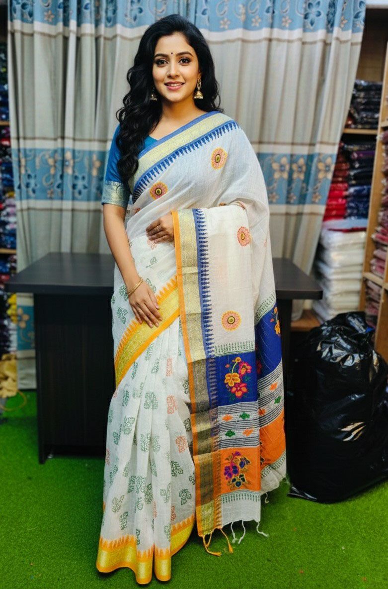Picture of Exclusive Design প্রিমিয়াম মাহিশা শাড়ী Embroidery and dollor work Half silk Saree for women - White