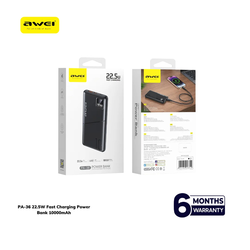 Picture of Awei PA-36 22.5W PD Fast Charging Digital Power Bank 10000mAh - Black