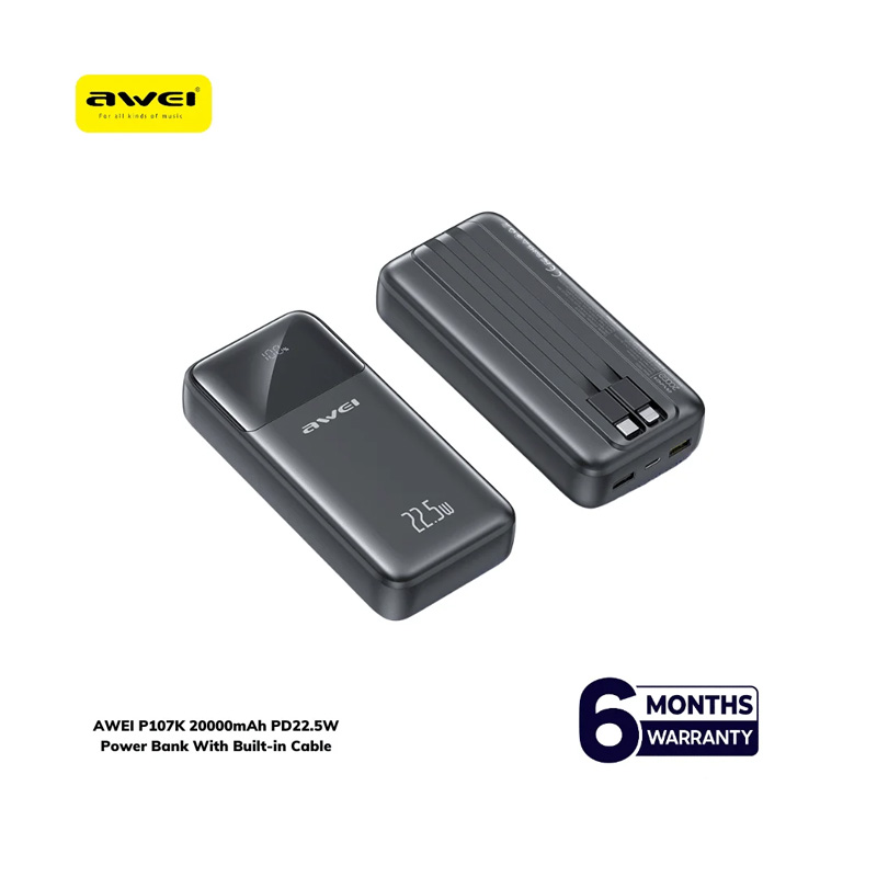 Picture of AWEI P107K 20000mAh PD22.5W Power Bank With Built-in Cable - Black