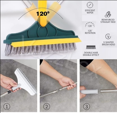 Picture of 2 in 1 Cleaning Scrub Brush Grout Brush Scrape Floor Scrub Brush with Long Handle V-Shape Stiff Bristle Brush Scrubber with Squeegee 120°Rotating Magic Broom Brush for Cleaning Bathroom Glass Wall