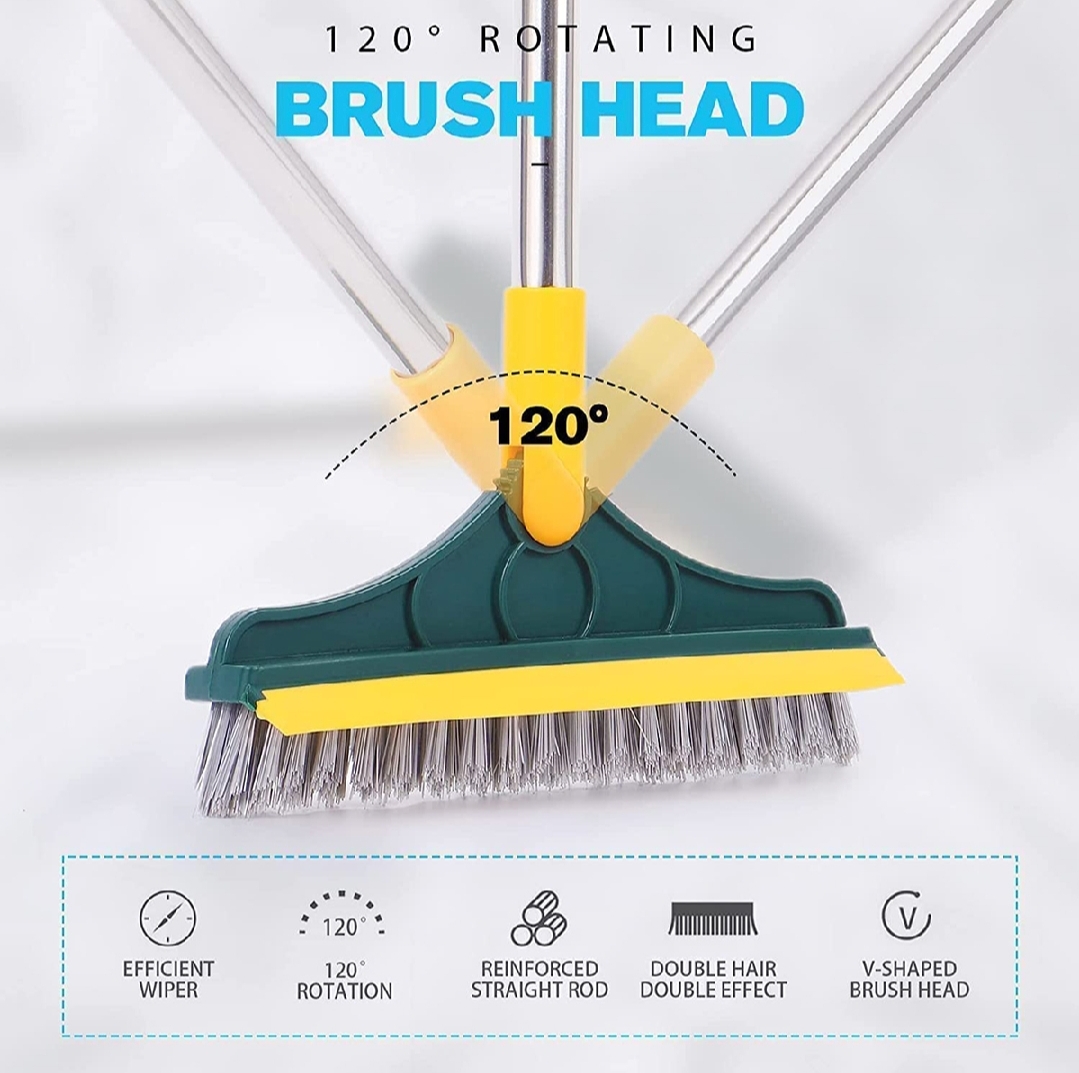 Picture of 2 in 1 Cleaning Scrub Brush Grout Brush Scrape Floor Scrub Brush with Long Handle V-Shape Stiff Bristle Brush Scrubber with Squeegee 120°Rotating Magic Broom Brush for Cleaning Bathroom Glass Wall