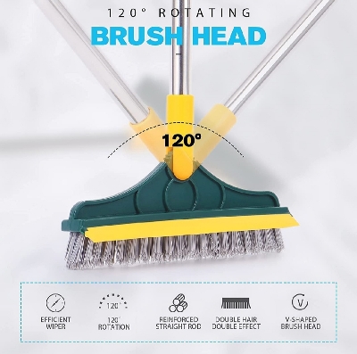 Picture of 2 in 1 Cleaning Scrub Brush Grout Brush Scrape Floor Scrub Brush with Long Handle V-Shape Stiff Bristle Brush Scrubber with Squeegee 120°Rotating Magic Broom Brush for Cleaning Bathroom Glass Wall