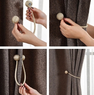 Picture of Hook Holder 2 Pcs Set Magnetic Pearl Ball Curtains Tiebacks Decorative Weave Rope Holdbacks Buckle