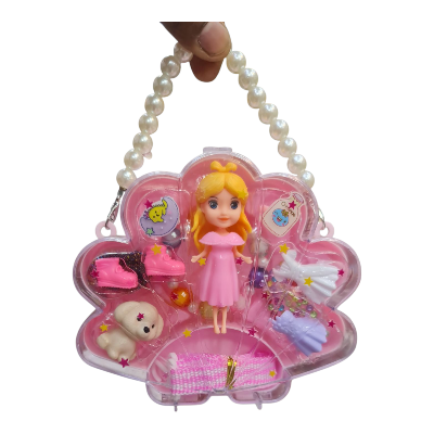 Picture of new collection Plastic Doll Toy with DIY Princess Styling, Featuring Dress, Ring, Bracelet, Necklace Accessories, and A Pet Dog. Creative Doll Styling and Dressing set, Portable shell-shaped bag. For ages 3+
